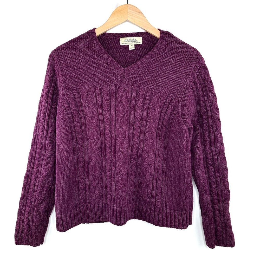 Cabela’s Burgundy Purple Chunky V-Neck Cable Knit Sweater 100% Cotton Sz M